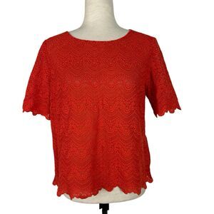 J Crew Top Women Medium Red Orange Scalloped Lace Feminine Classic Timeless